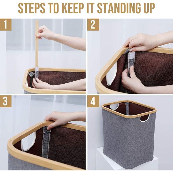 Nordic Simplicity Canvas Rectangular Bamboo Hamper / Laundry Organizer 17.5x15.75x13''