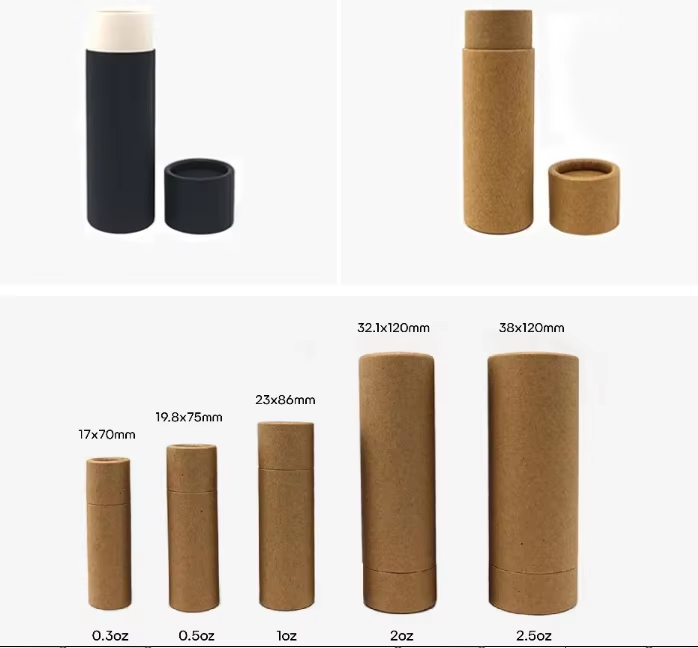 Luxury biodegradable and eco-friendly lip balm deodorant container packaging, using a push-pull paper tube.