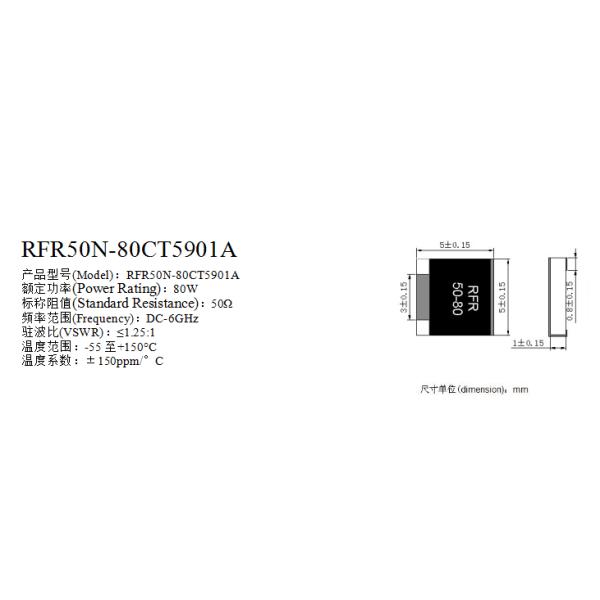 RoHS 1.25 VSWR 80W DC 6GHz Chip Terminations 5mmx5mm