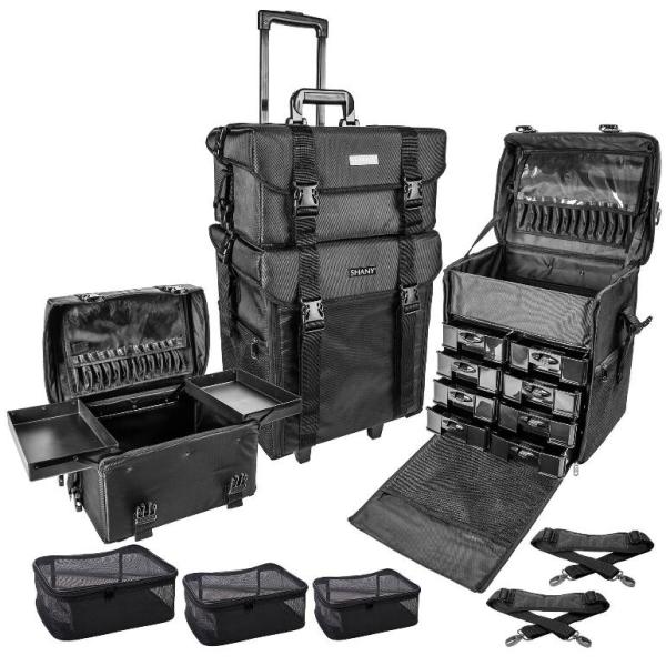 Stackable Adjustable Makeup Soft Trolley Case , Makeup Beauty Trolley Black Color