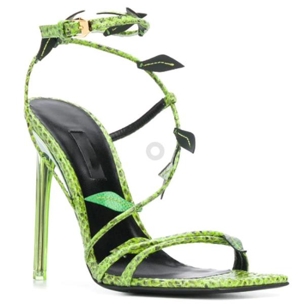 Quality Papaya Green Pointed Toe Stiletto Heels Raffia Trims Open Toe Ankle Strap Sandals for sale