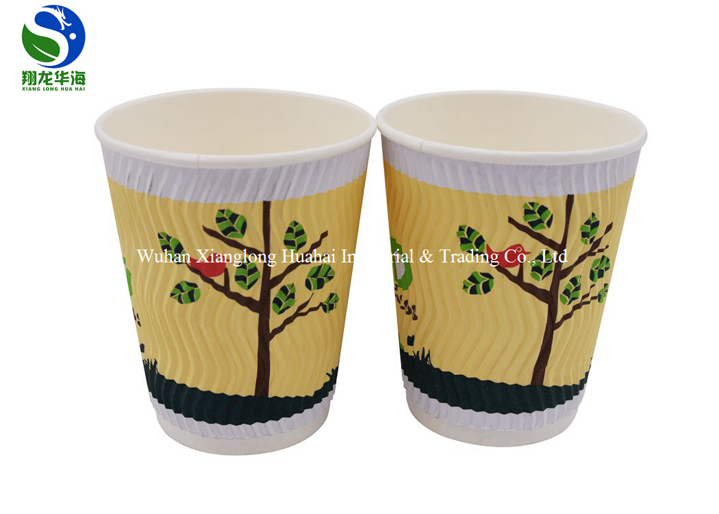 12Oz White Customized Ripple Wall Paper Cup Disposable With Lid And Straw