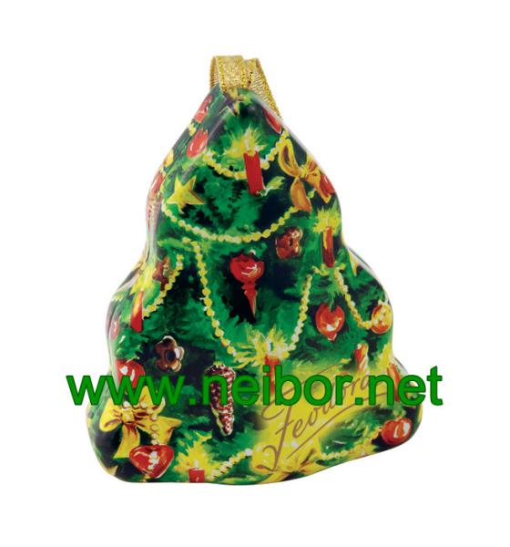 Quality christmas tree shape chocolate tin box with hanging ribbon for sale