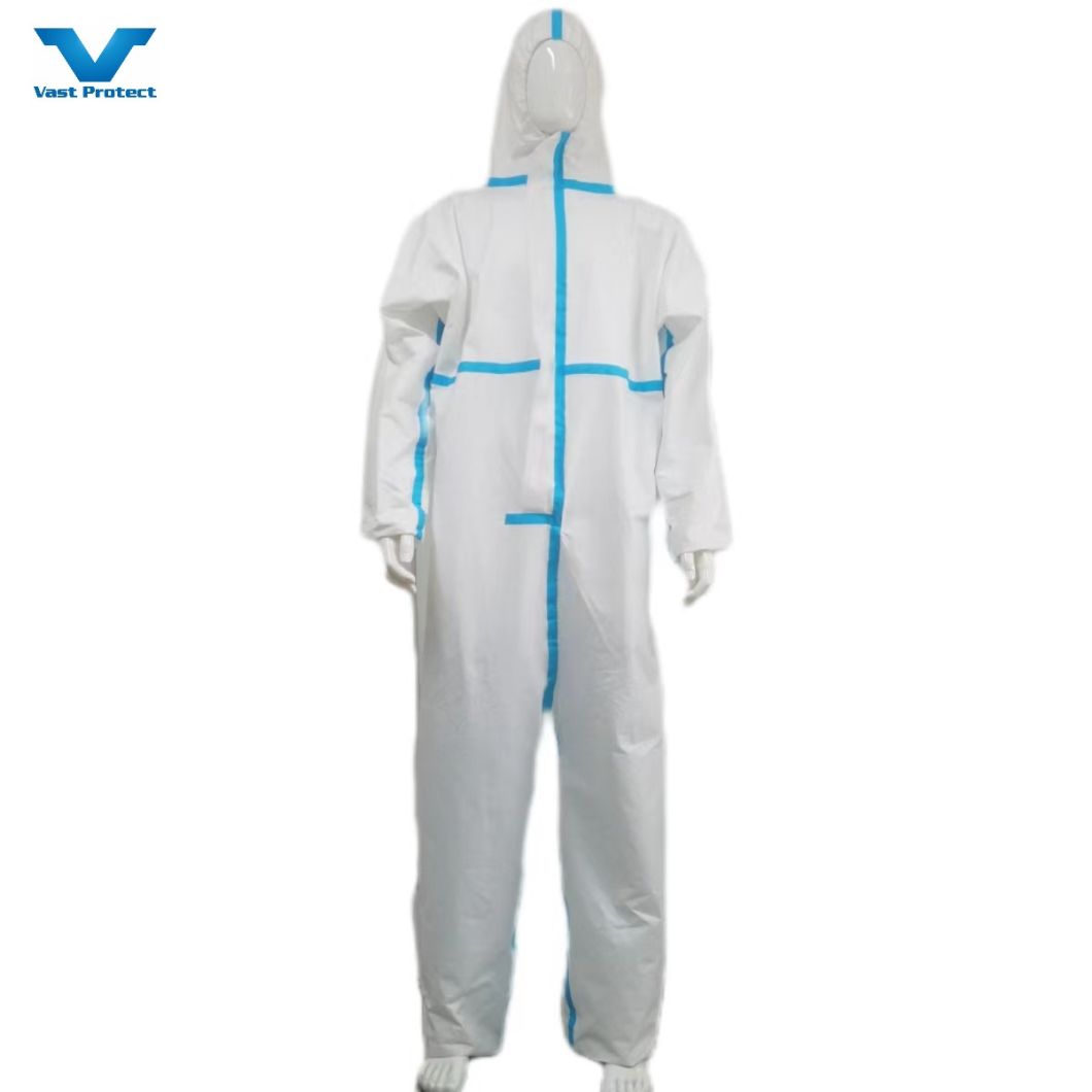 Hot Sale Wholesale Type4/5/6 Isolation Coverall with Blue Strip with Hood Without Boot