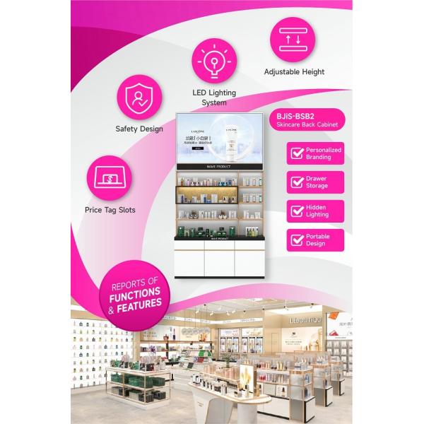 BJiS-BSB2 White Glossy Skincare Display Cabinet with Titanium Trim for Cosmetics Store Design