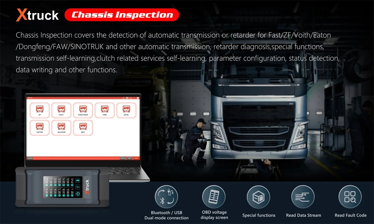 Xtruck Chassis Inspection with Getac Tablet ZF Function Reading Code for Heavy Duty Truck FAST SINOTRUK Eaton ZF WABCO