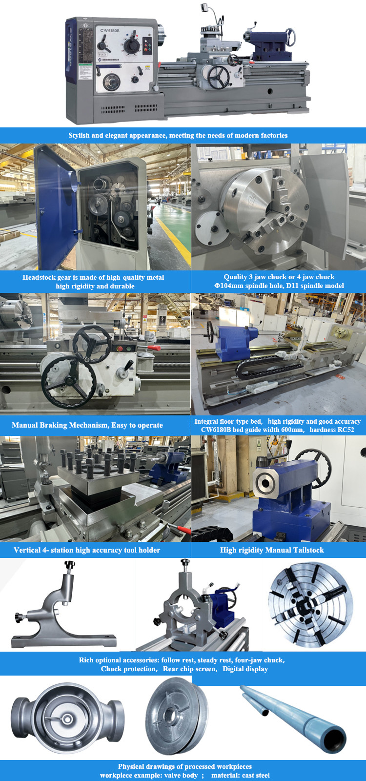SMTCL Horizontal Lathe CW6163B Metal Manual Lathe 1000mm Spindle Bore 104 Heavy Duty Manual Lathe