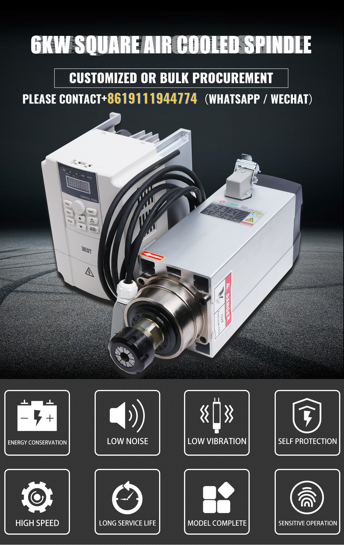 Air Cooled Spindle Motor for CNC Router Engraving Tools 18000 Rpm Speed Discounted