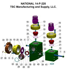 National 14P220 W/ FAST CHANGE VALVE COVERS  mud pump fluid end liner, zirconia liner, pistons, valves and seats