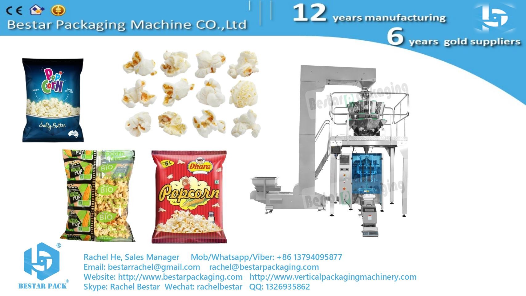 Vertical form fill seal packaging machine for popcorn with 10 heads weigher