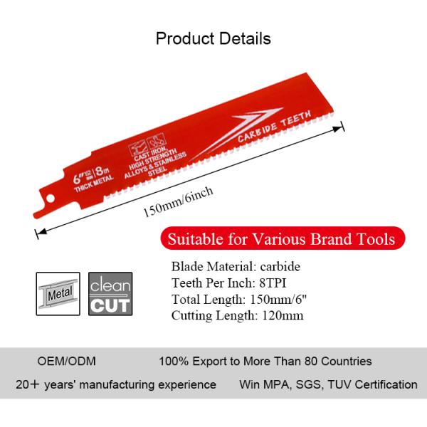 6-inch Bi-Metal OEM Reciprocating Saw Blade Industrial for Metal Cast Iron Alloy Steel Sawzall Blade Carbide