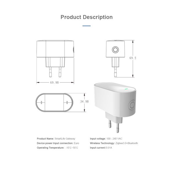 SIXWGH Tuya SmartLife Multi-Protocol Gateway Zigbee 3.0 + for + BLE Mesh Hub Wi-Fi Works Alexa/Google Home EU Plug Devices