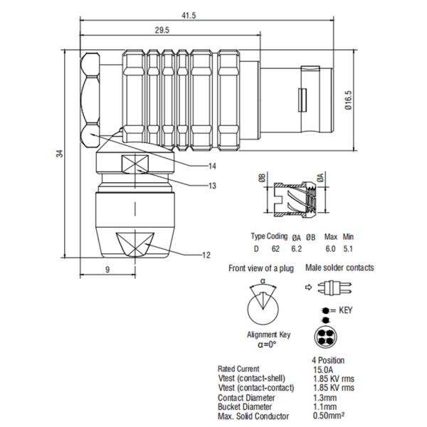 2B Right Angle 90 Degree Cable Elbow 4 Pin To 6 Pin IP50 Straight Plug Connector