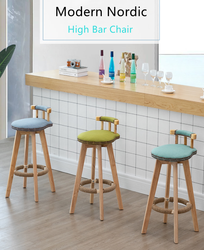 Solid Wood Frame Modern Nordic Bar Chair Stools with High Density Sponge and Fabric/Leather Seat