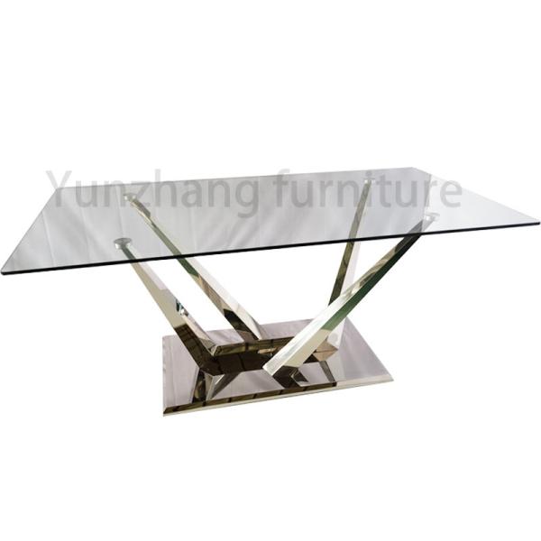 Quality Silver Color Luxury Modern Dining Tables Glossy Tempered Glass Sophisticated Dining Table for sale