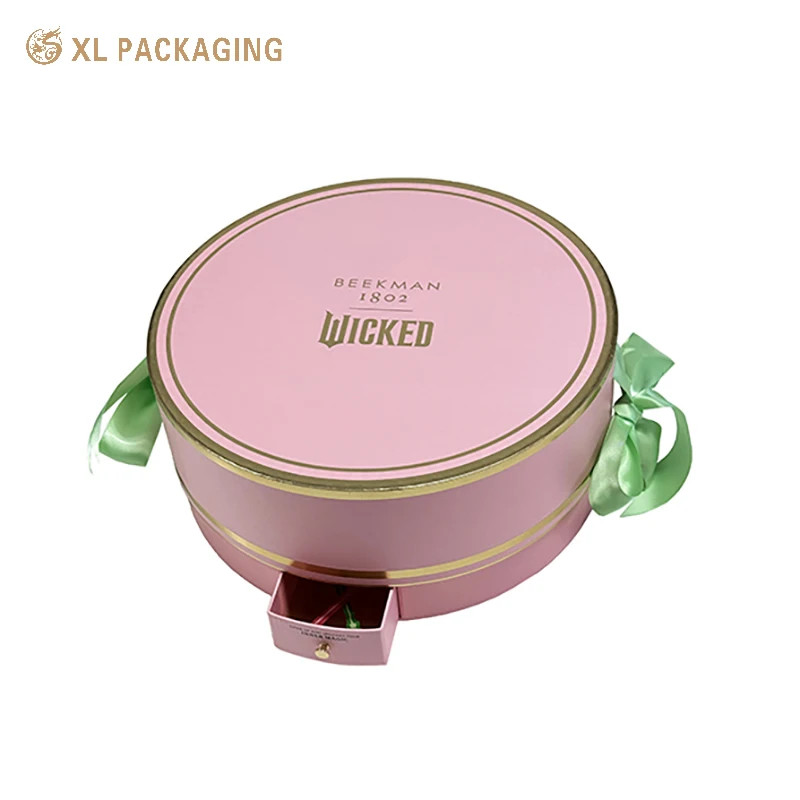 Custom Luxury Boxes WholesalRound Cosmetic Paper Box With Unique Design Mini Drawer Box Green Ribbon Handle And Gold Tray For Beauty Essentials