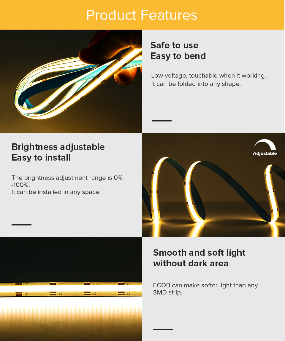 CCT Tunable White COB Flexible LED Strip High Density Flexible DC 24V
