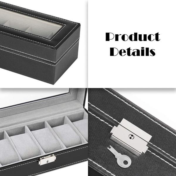 NEX 6 Slots Watch Box Organizer for Men, Black Watch Holder Stand Display Storage Case