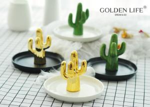 China Jewelry Plate Imitated Cactus Jewelry Plate Green Gold Color Ceramic Jewelry Dish on sale