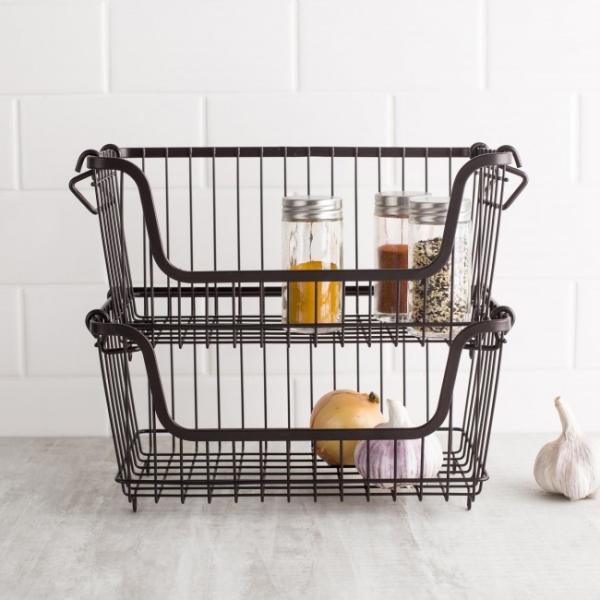 Quality Brown Pantry Stackable Colored Wire Storage Baskets Saving Space Under Sink for sale