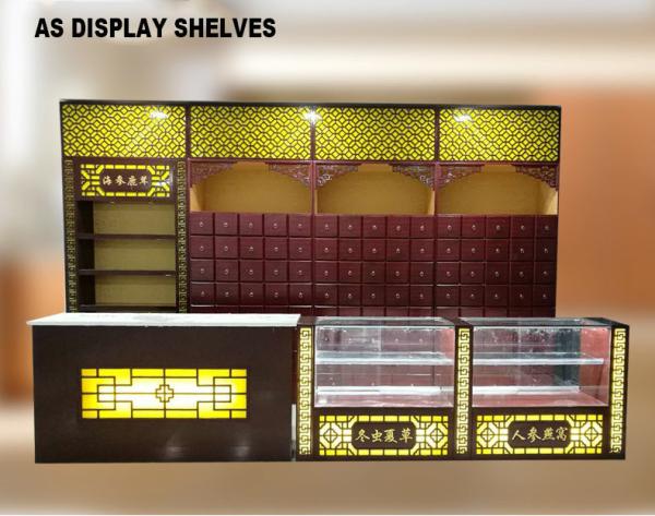 Quality Chinese Style Pharmacy Display Shelves Medical Shop Racks With Light Box for sale