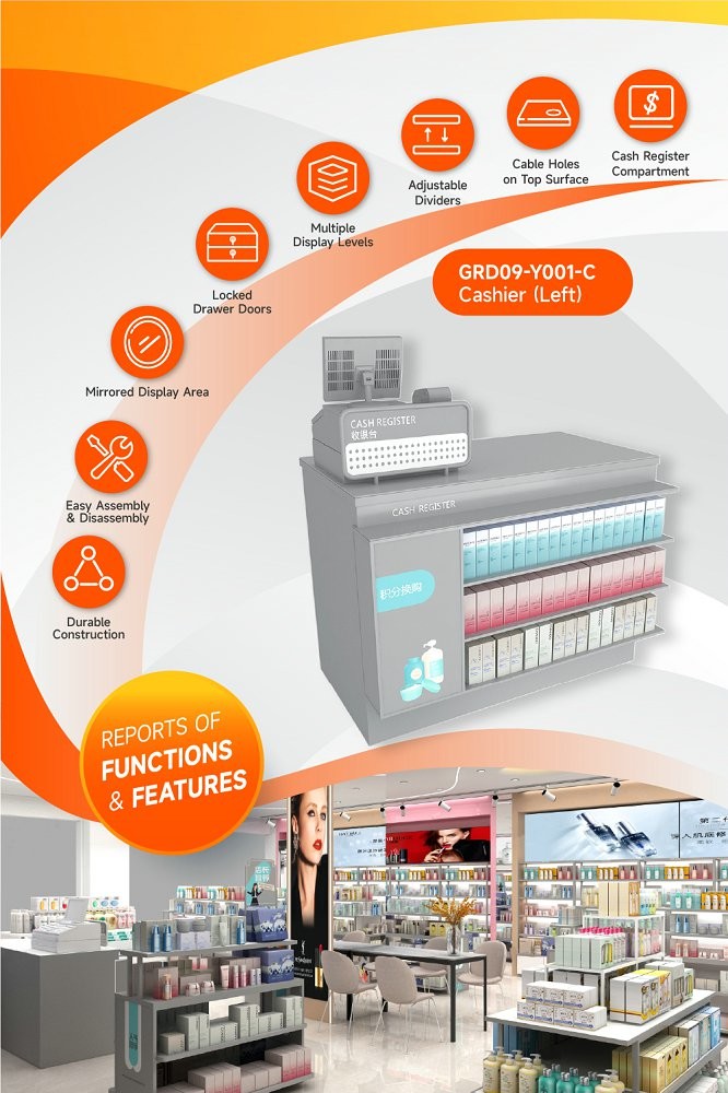 GDR09-Y001-C Retail Display Counter with Acrylic Panel Graphics and Cable Management Hole for Cosmetics Counter