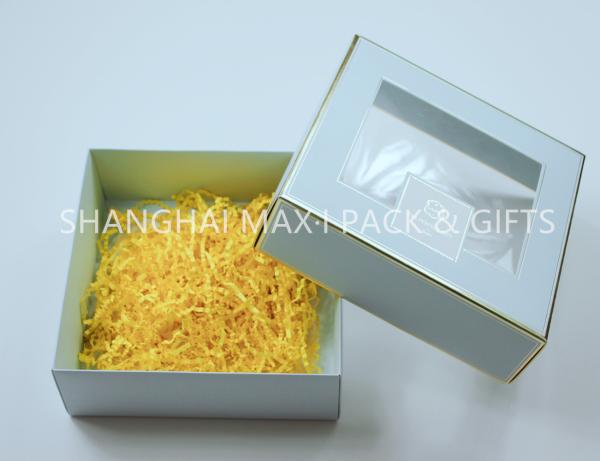 Quality Transparent Window Folding Cardboard Gift Boxes , Collapsible Gift Boxes With Shredded Paper for sale