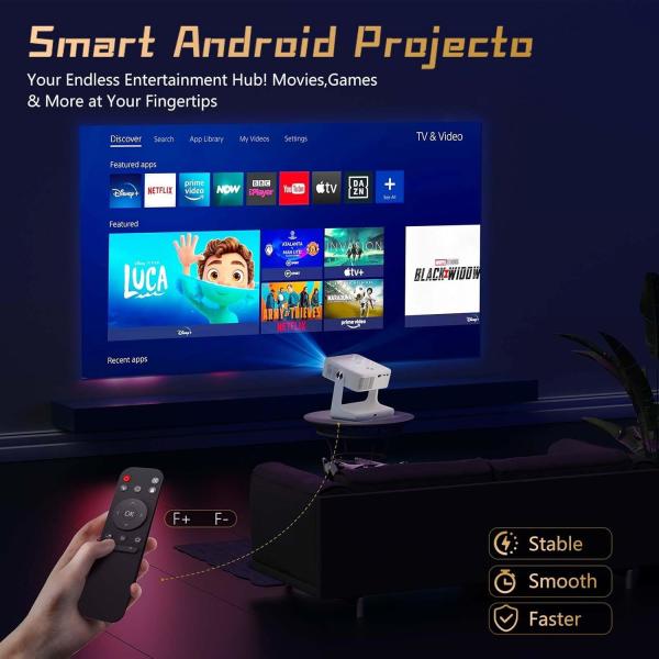 D1 White FHD Android Smart Projector Auto Focus Rotating Flip Video Movie Projector
