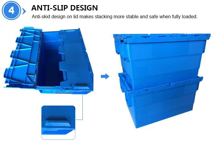Heavy duty stackable attached lid turnover box, Stackable and nestable plastic shipping tote box for storage or moving