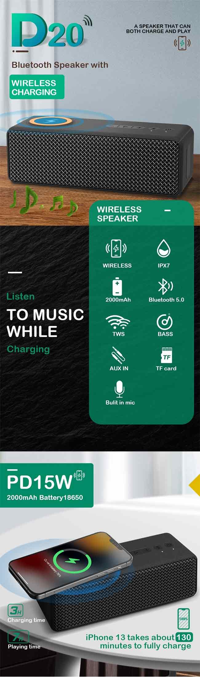 Long Battery Time Wireless Charger Speaker Bluetooth 5.0 20W Power Output