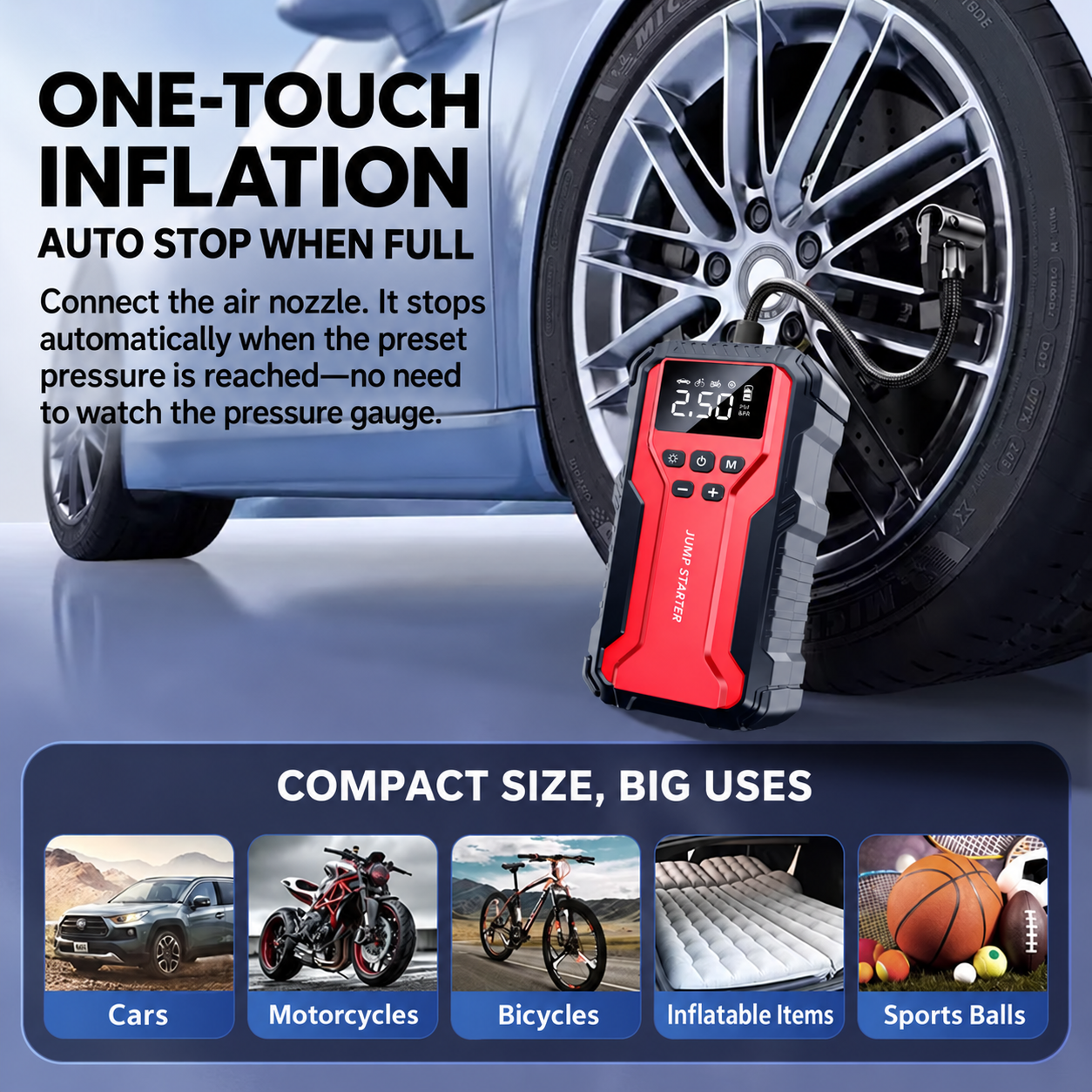 8000mAh 2000A Digital Car Jump Starter and Tire Inflator