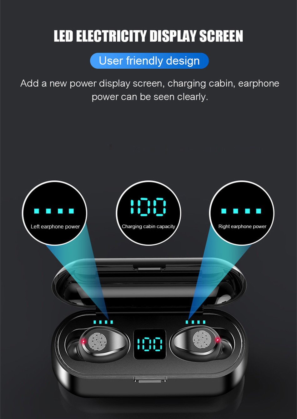 Wireless Earphone Bluetooth V5.0 F9 Tws Wireless Bluetooth LED Display Headphone (With 2000mAh Power Bank Headset, With Microphone)