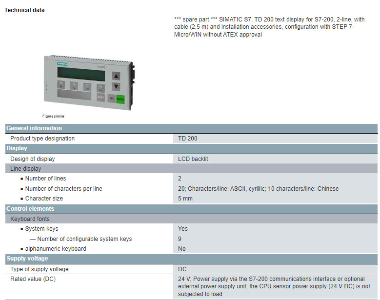 6ES7272-0AA30-0YA1 Siemens SIMATIC S7 TD 200 Display For S7-200 Original Panel