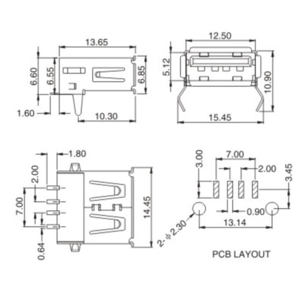 No Back Cover USB Female Socket , Usb 2.0 Internal Connector Crimping Bend Pin