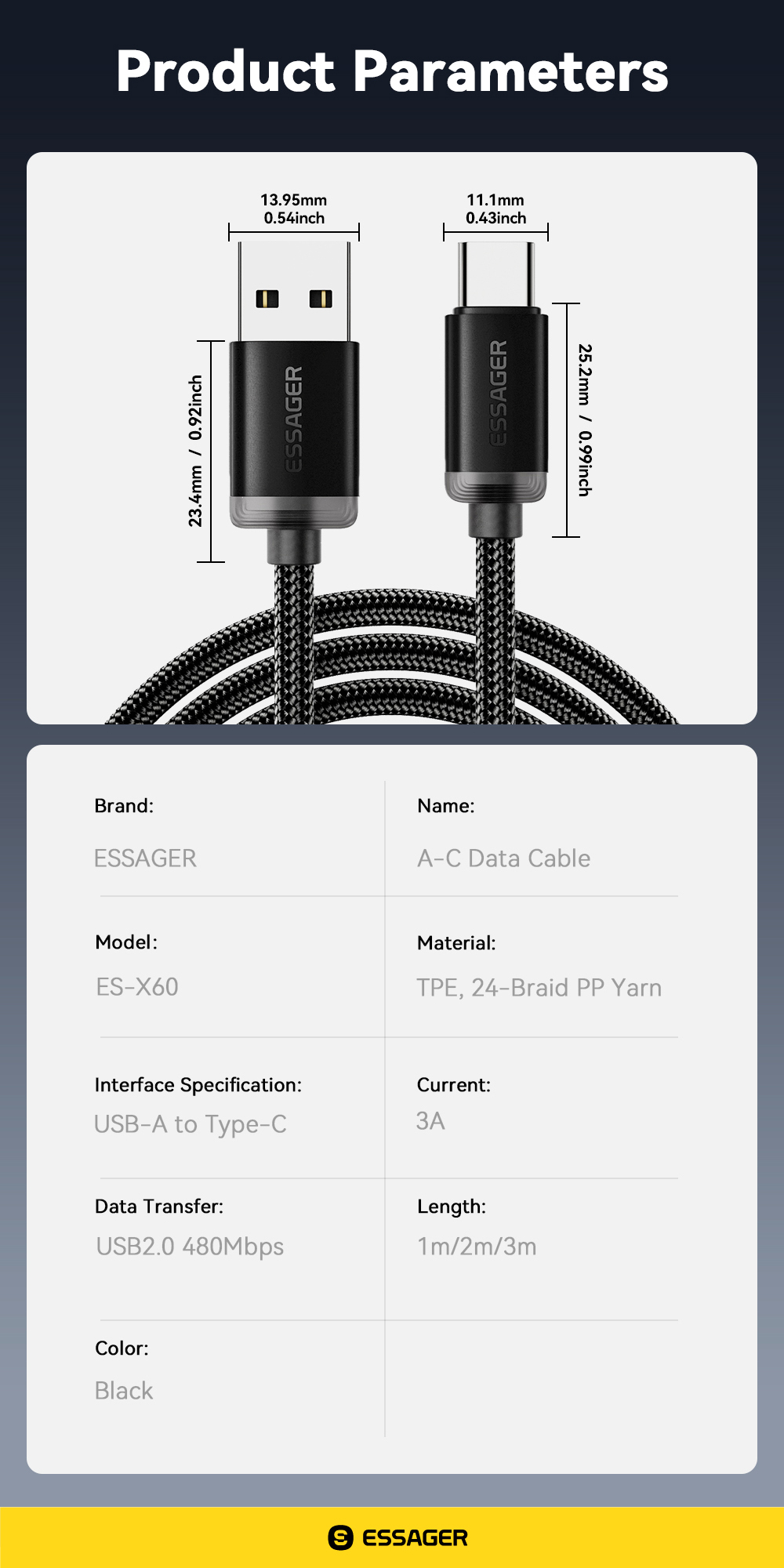 Braid Shielding USB A To C Cable USB C Charging Cord 60W 1m 2m 3m