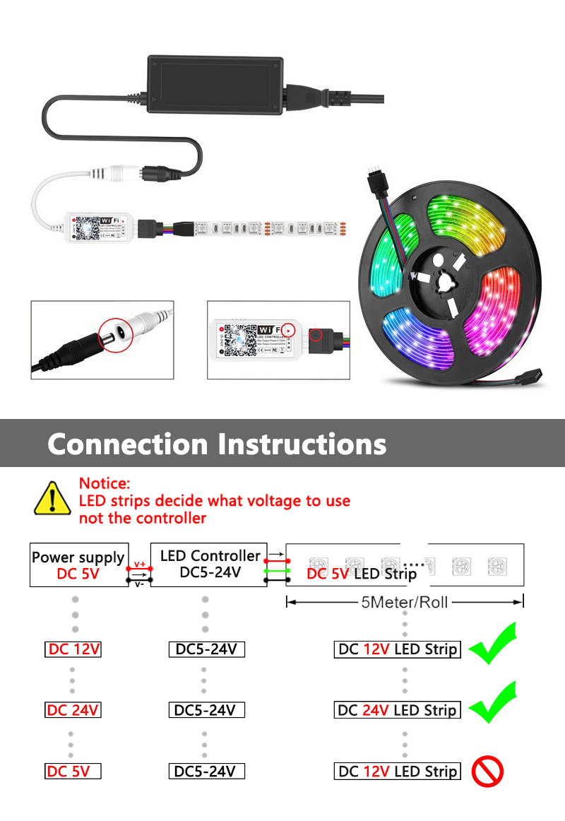 24 Keys Remote RGB LED Strip Wifi Controller APP Timing Voice Music Control