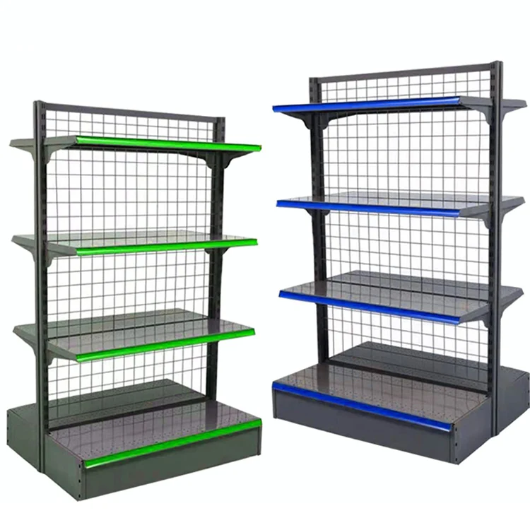 Metallic Mesh Back Gondola Shelving Cold Rolled Steel Rack Supermarket Shelf