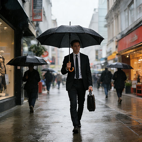 Classic dark business umbrella for men with wooden curved handle
