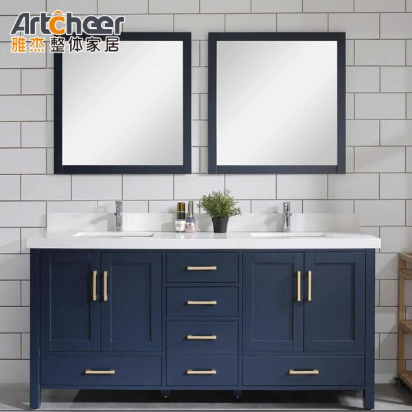 Blue Color Solid Wood Bathroom Vanity Cabinet with Double Basin and Vanity Mirror