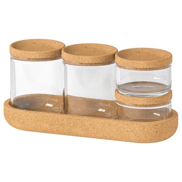 Quality Set Of 5 Storage Glass Jars With Cork Lids And Cork Tray Eco-Friendly for sale