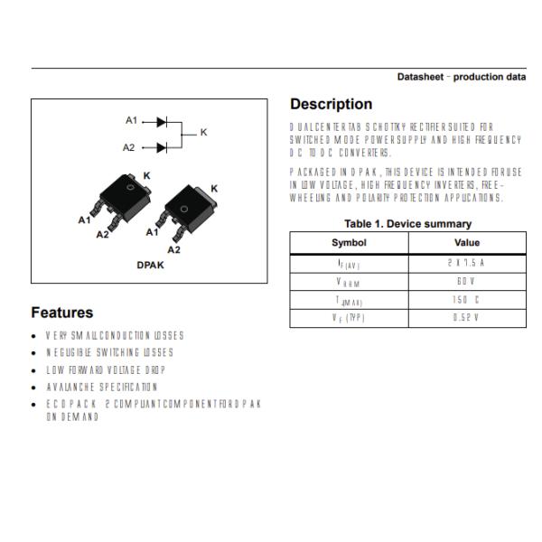 STPS15L60CB-TR Diode Array Schottky 60V DPAK 7.5A Surface Mount