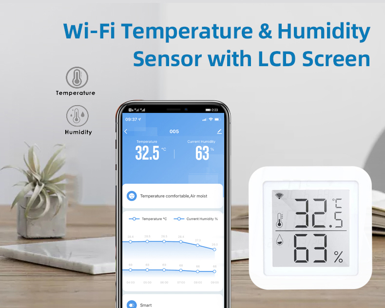5V1A LCD Tuya Wifi Thermometer Temperature And Humidity Monitor Wifi 2.4GHz