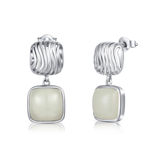 10x10mm Cushion White Jade Stud Earrings 925 Silver Minimalist Style