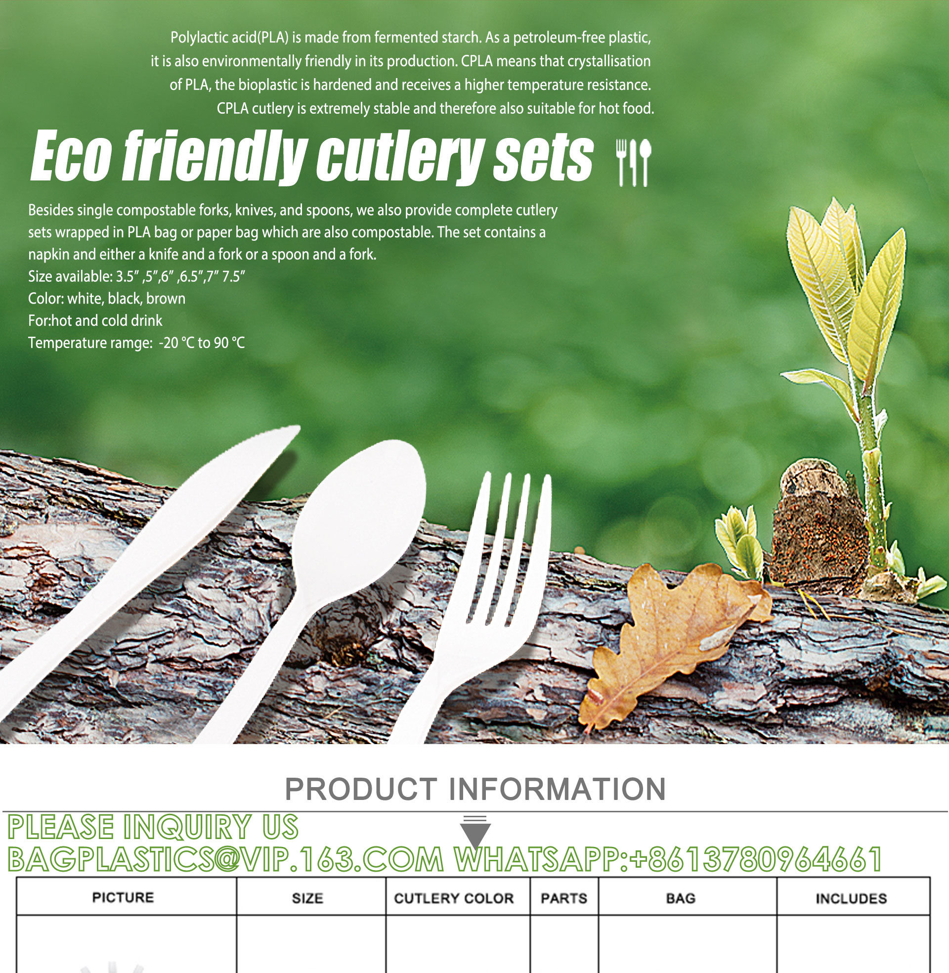 100% Compostable Eco Friendly Biodegradable CPLA PLA Cutlery Disposable Forks/Spoons/ Knives With Napkin Set