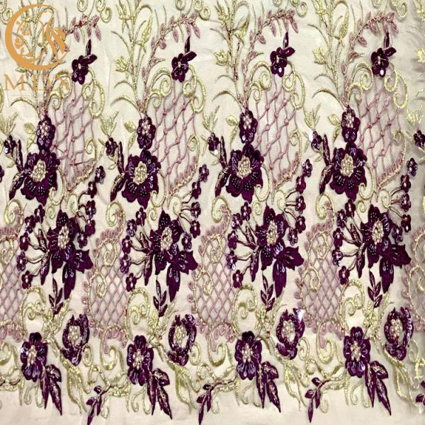 Quality OEM African Styles Purple Applique Lace Fabric With Beads for sale