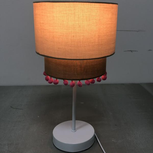 Quality TC Fabric Simple Modern Table Lamp Double Layer Linen Table Lamp With Pom Pom for sale