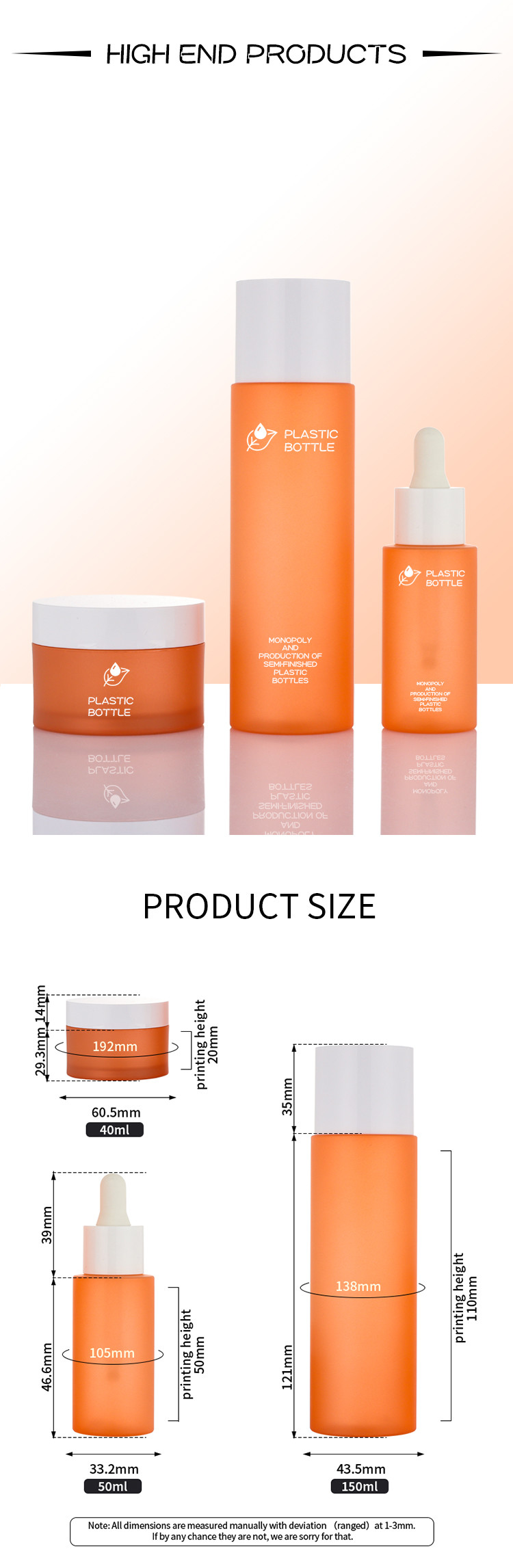 Customzed private label orange cosmetics set screw cap dropper bottle empty jar