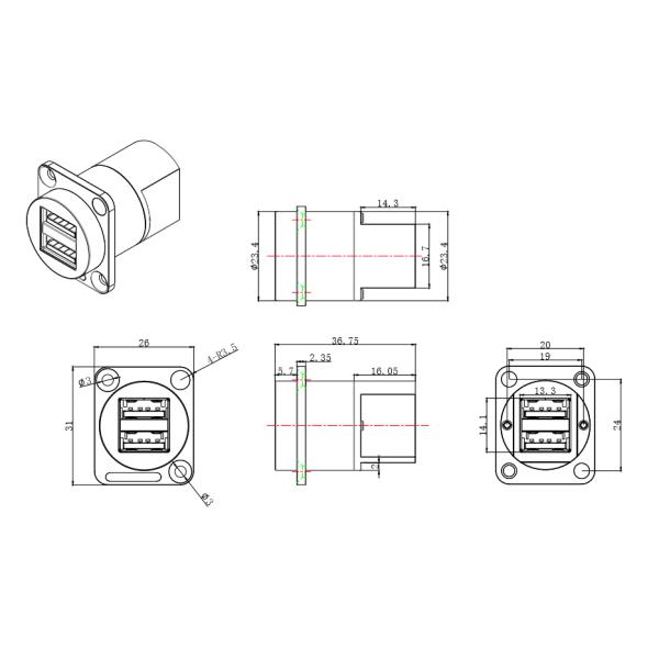 Double Port Panel Mount Connector Waterproof 9 Pin Shielded USB Connector