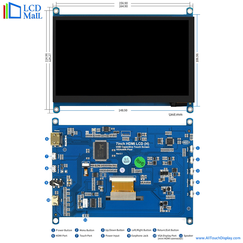 24 BIT RGB Raspberry PI TFT Display LCD Display 7 Inch 1024x600 ODM OEM