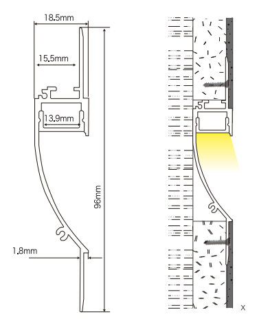 19*96mm Cove Plaster Led Aluminum Profile For Indrect Lighting
